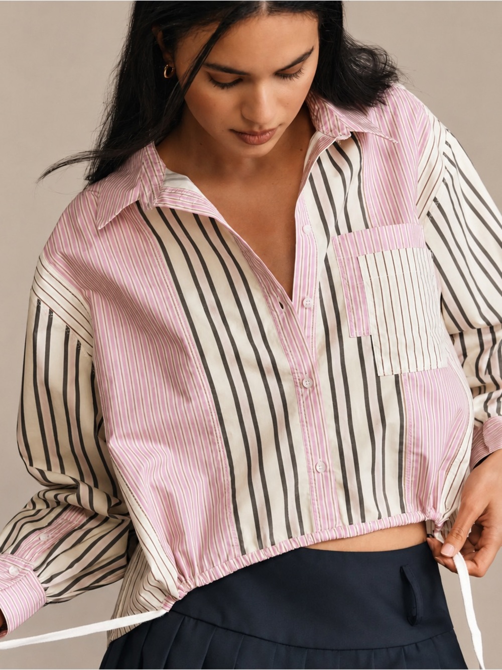 NWT Anthropologie Mixed Stripe Cropped Drawstring Button-Down Top Size Small